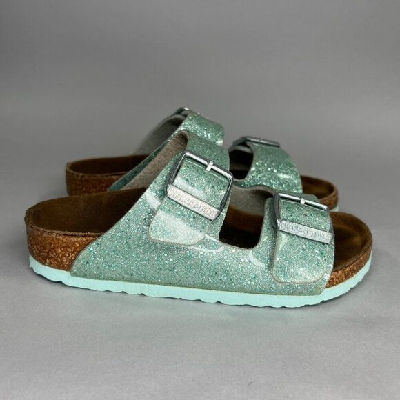 Birkenstock Arizona Sandals Little Girls Size 8.5 Sparkly Turquoise Buckle Slide - Picture 1 of 12